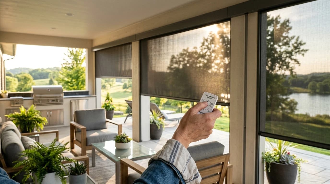 Handheld remote controlling a motorized patio screen
