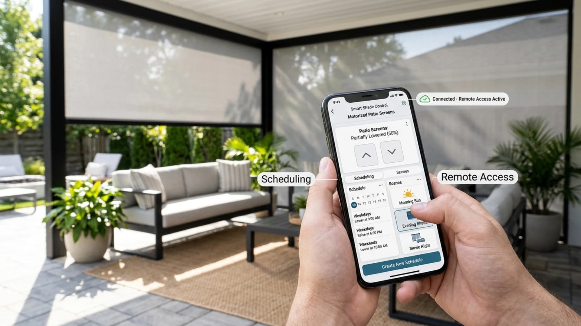 Smartphone app controlling motorized patio screens