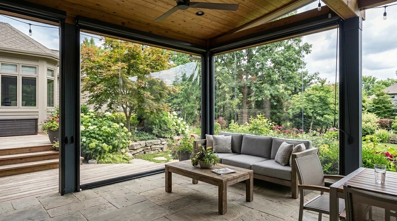 Clear vinyl patio screen holding back wind and rain
